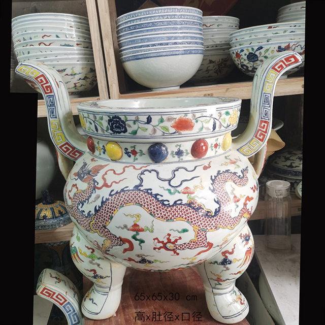 Jingdezhen hand - made color longfeng grain porcelain big censer made large size 66 cm high tripod censer