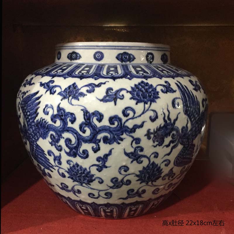 Jingdezhen hand - made generic POTS lotus yuanyang fish yuan blue and white porcelain vase peony design and color large pot of yuan dynasty