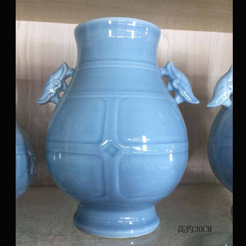 Jingdezhen celadon carving ears vase statute imitation qianlong up celadon statute of pure color classic elegant display vase