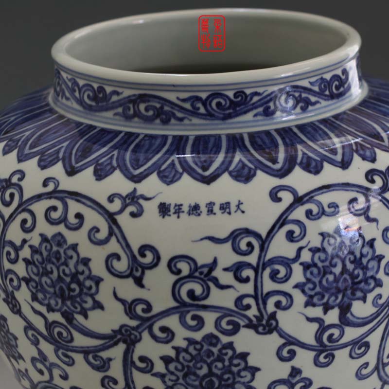 Yuan and Ming blue and white tie up branch lotus jingdezhen porcelain jar of hand - made of Yuan blue and white lotus flower big jar of classic blue and white pot