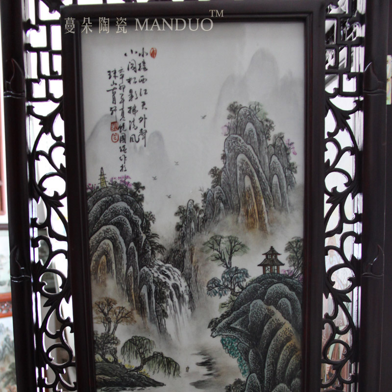 Hand - made landscape character double - sided 4 of the general assembly of high - grade solid wood porcelain plate screen big screen hotel club of the big screen