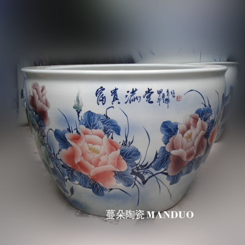 Jingdezhen blue and white lotus red carp hand - made porcelain crock peony color peony painting and calligraphy cylinder 800