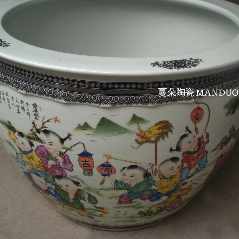 Jingdezhen color boy picture a large aquarium lotus temple buddhist temple courtyard large cylinder water lily porcelain