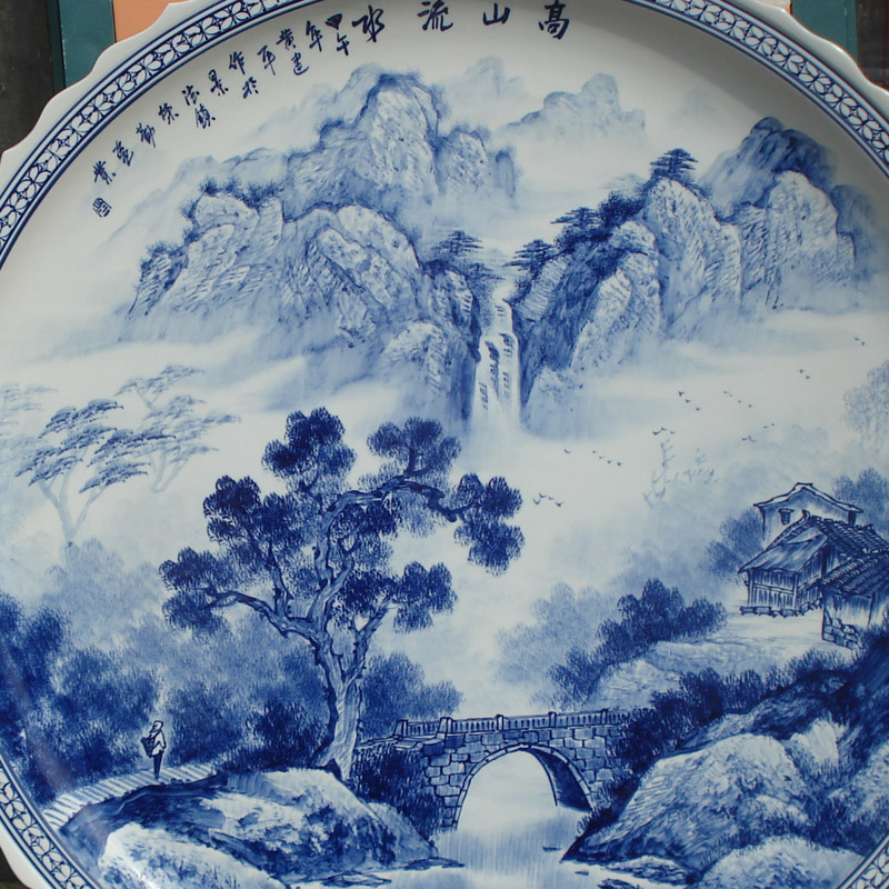 Hand made blue and white landscape big porcelain jingdezhen 1 meter mountain stream grail penjing art ground plate