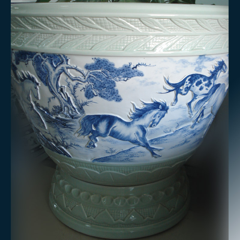 Jingdezhen blue and white horse relief figure China porcelain flowers with foot cylinder China aquarium diameter of 80