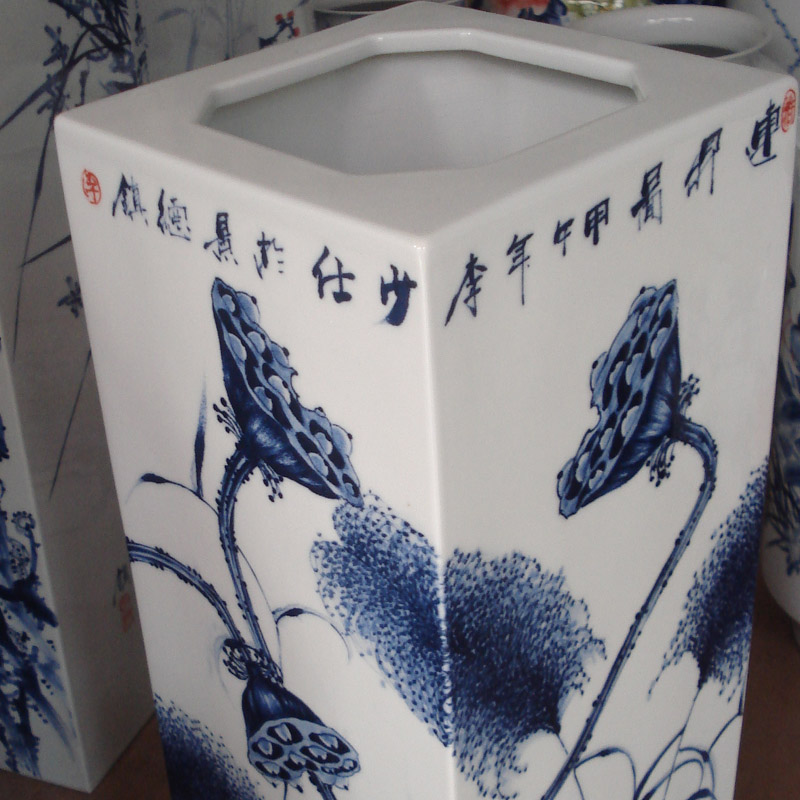 Jingdezhen blue and white lotus pure hand - made porcelain square vase zen furnishing articles abnormity square porcelain vase