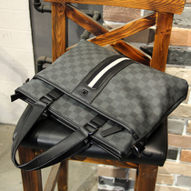 Plaid mens bag handbag handbag handmade briefcase for mens business single shoulder inclined satchel for leisure documents leather bag Chauffling