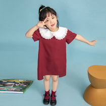 Girls cute doll collar red dress 2021 summer new foreign style childrens printing chiffon skirt