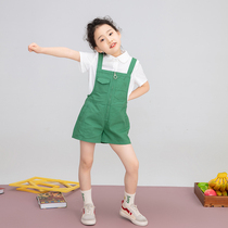 Original fresh green girls bib shorts 2021 summer new foreign style fashion thin childrens wide-leg shorts for women