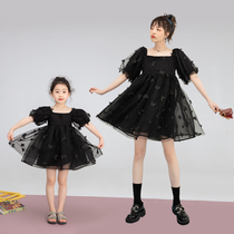 Parent-child outfit Girls Butterfly print Eugen mesh black dress 2021 summer childrens square collar short skirt white