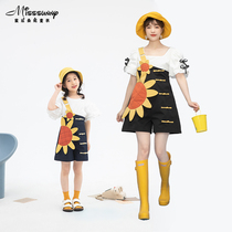 Parent-child clothing summer new product vitality sunflower applique girls one-shoulder overalls girls loose straight pants