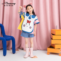 Original cartoon blue-eared rabbit print doll collar color matching girls shirt summer new loose cute girl tops