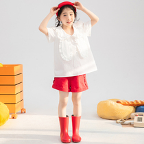 White Rabbit Ear Tie Flower Ribbon Girls Short-sleeved Shirt Summer New Cute Doll Collar Casual Western Style Shirt