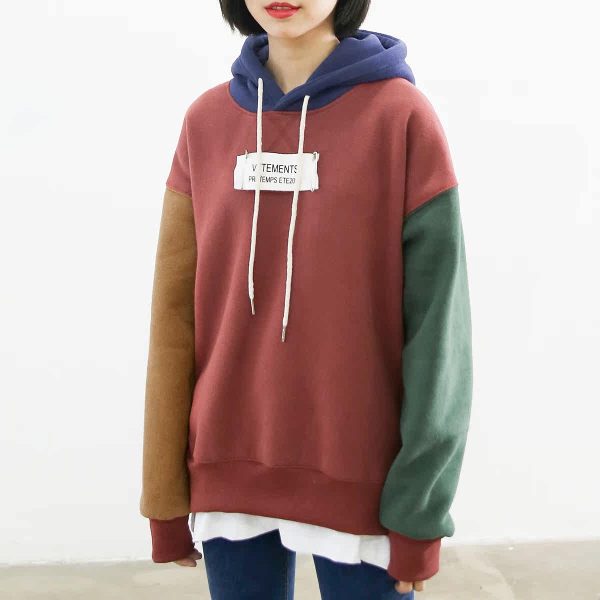 金大班102/卡农/2017春装新款文艺小清新拼接拼色加绒连帽卫衣女