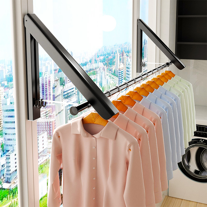 Invisible folding clothes hanger sunning rod free from punching telescopic rod window balcony floating window wall hanging cool clothes theorist-Taobao