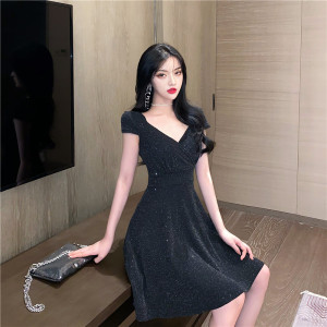 V-neck high waist small sexy big swing flash dark dress