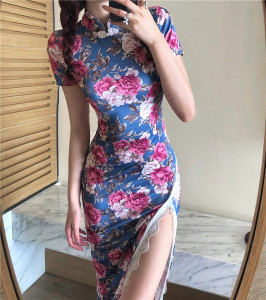 Fairy split girl lace side long modified cheongsam dress