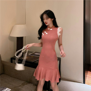 Girl Pink Lace fishtail cheongsam dress