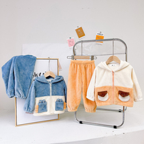 Childrens warm cartoon cute hooded flannel pajamas home clothes 2-5 years old zipper baby loose two-piece set 3