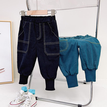 Winter baby handsome retro childrens bundle feet plus velvet thick casual pants trousers all-match loose boy pants