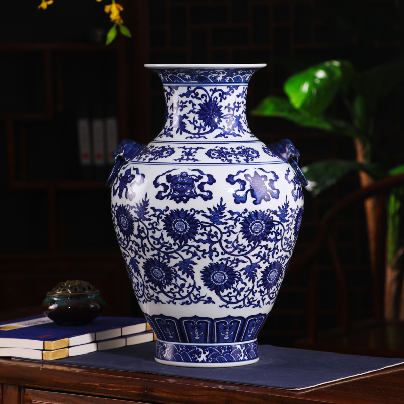 Jingdezhen ceramics archaize large blue and white porcelain vase flower arranging, furnishing articles sitting room of the new Chinese style household decorations