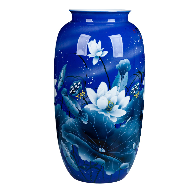 Jingdezhen ceramic bottle water raise high blue and white porcelain vase hand - made lotus lucky bamboo large Chinese style living room furnishing articles