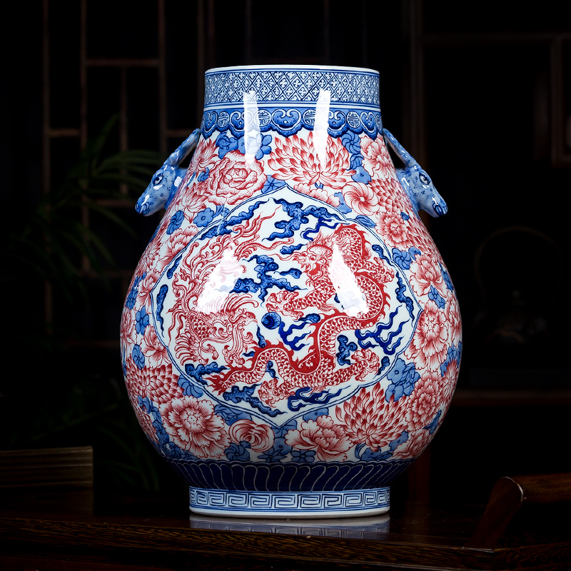 Jingdezhen ceramics antique hand - made youligong red dragon grain ears of blue and white porcelain porcelain tube vase expressions using furnishing articles