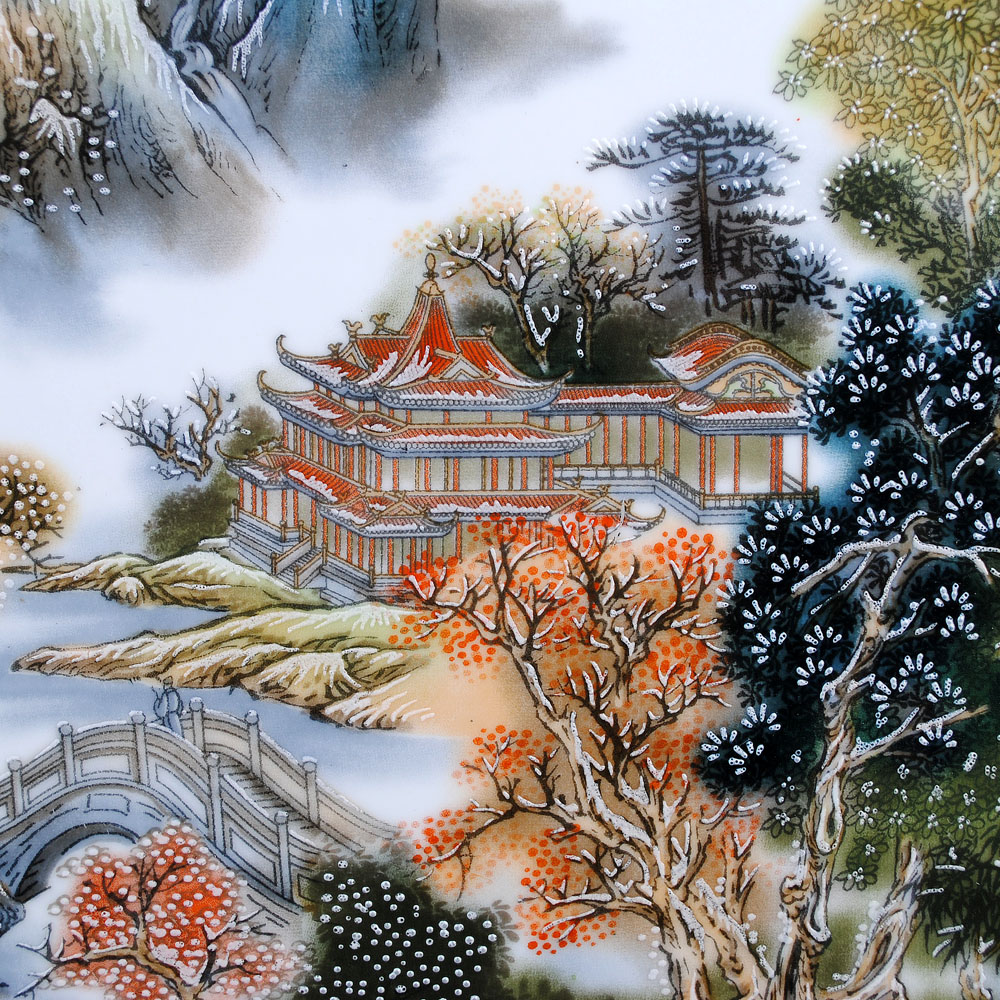 40厘米 粉彩山水画陶瓷装饰盘子 坐盘瓷盘花盘 现代时尚家饰摆设