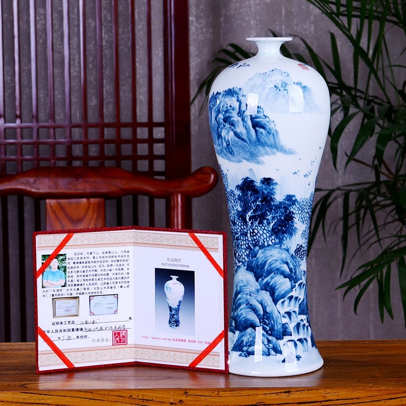 The Master of jingdezhen blue and white porcelain ceramic vase hand - made mei bottles of modern home decoration mountains scenery of jiangnan furnishing articles