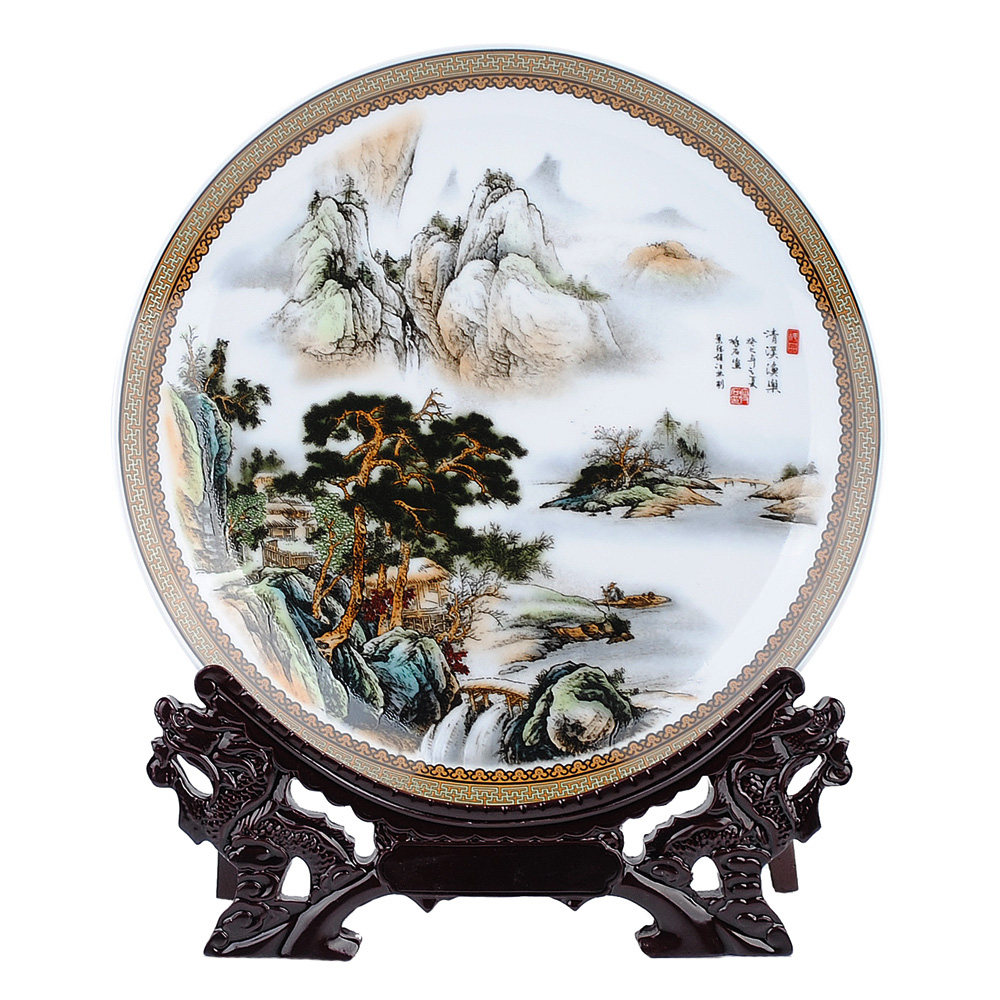 景德镇陶瓷摆件山水画装饰盘子花盘挂盘瓷盘现代中式家居装饰摆设
