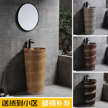 Wood grain column basin Floor-standing washbasin Outdoor one-piece washbasin Balcony Ceramic basin Vintage column basin