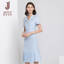2021 Summer new Fashion capsized suit skirt A-word dress Supper with short sleeves 100 plexen dress