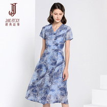 2021 summer new visual display slim V collar snowspun skirt with short sleeve inclined flap disc buckle printed one-piece dress
