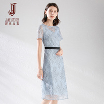 2021 summer new round collar Perspectives V neckline A word dress for a long dress short sleeve lace dress