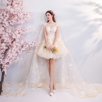 Lightweight if fairy champagne color flower front short back long tailed Bride wedding dress wholesale 1801