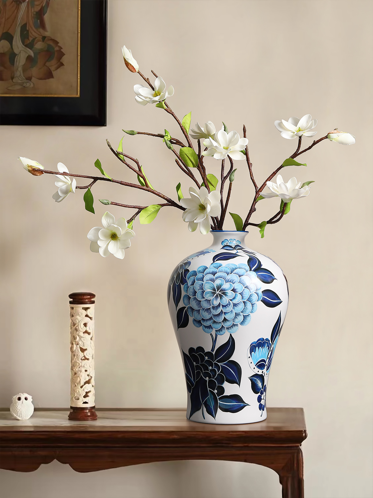 New Chinese Ceramic Vase Big Belly Blue and White Porcelain Living Room Entrance Flower Arrangement Decoration Decoration Retro Affordable Luxury High Sense