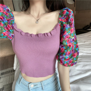 Fall 2020 new bubble sleeve top floral square neck short slim knit T-shirt