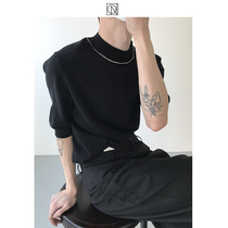 COLN Minimalist Design Neckline Collision Color Line Semi-High Collar Knit Short Sleeve T-shirt
