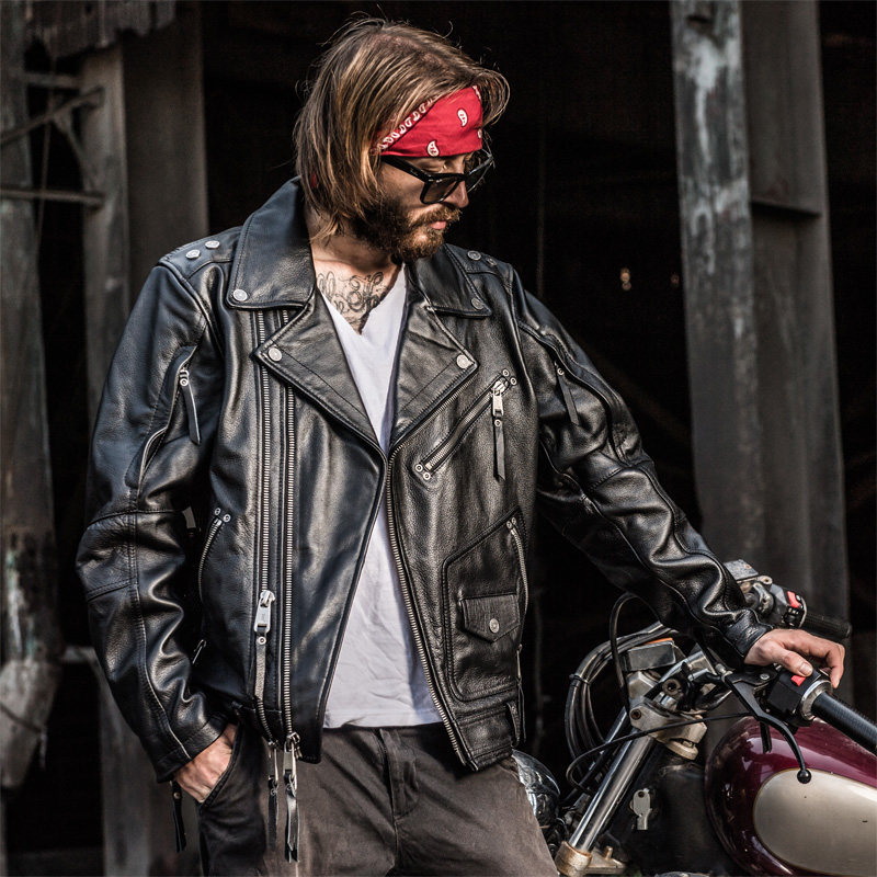 哈雷真皮皮衣 男款翻领斜拉链头层牛皮摩托机车服 青年皮夹克外套_不