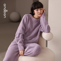 Anzhipajamas female winter coral velvet new round neck thick warm half-side velvet large size long sleeve home suit suit