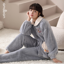 Anzhipajamas womens winter New coral velvet plus velvet padded cartoon cute home clothes sweet long sleeve suit