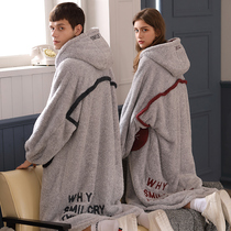 Anzhibian couple coral velvet hooded nightgown Autumn and winter warm plus velvet thickened womens long pajamas mens home clothes