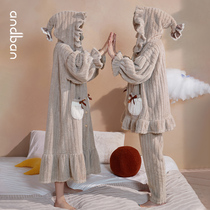 Anns companion coral velvet pajamas womens autumn and winter thickened warm home clothing sweet age-reducing hooded flannel suit