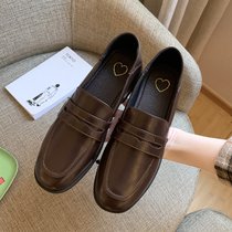 Small leather shoes female fit dress Single shoes Inn Wind retro black coarse heel 100 hitch Korean version Soft leather college jk lefoes shoes