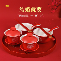 Son and wife to worship tea cup to bowl chopsticks set set wedding supplies boxed ceramic bowl Cup spoon set