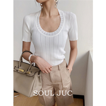 SOUL JUC U-shaped collar ice-knitted sweatshirt woman short sleeve white T-shirt short 100 hitch set head blouse Summer thin