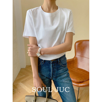 SOUL JUC mulberry silk Xinjiang long suede cotton round collar pure color short sleeve casual loose T-shirt woman