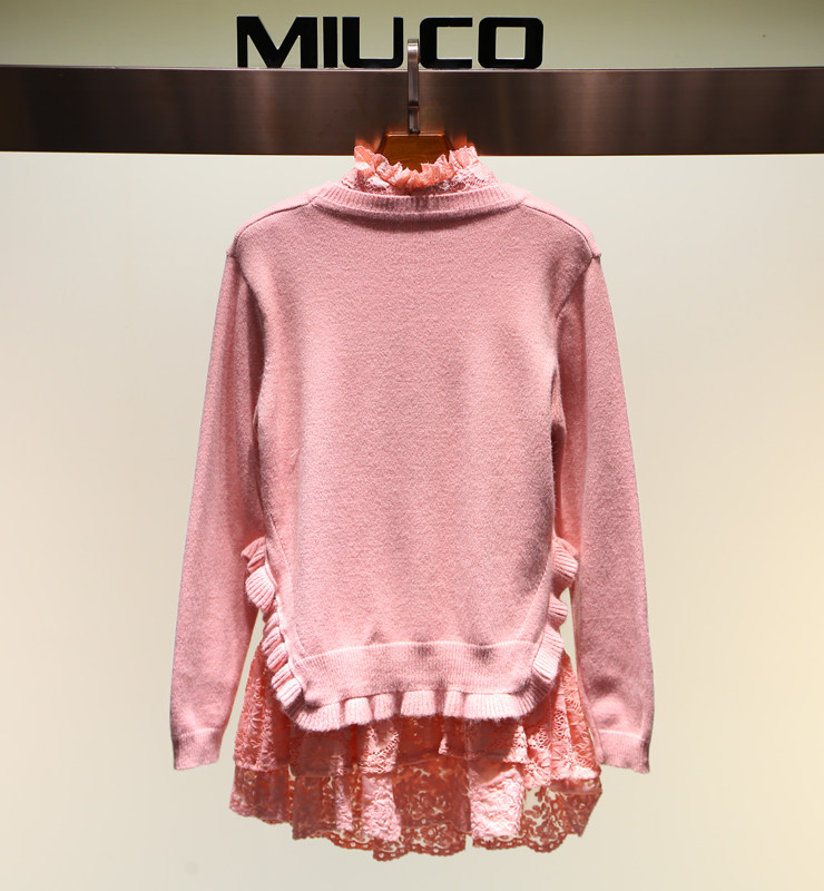 miuco2015秋冬气质花边立领水溶花蕾丝上衣 木耳花边针织衫两件套