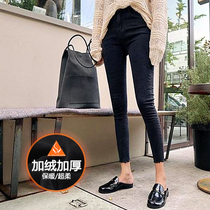 Velvet jeans womens 2019 autumn and winter new net red high waist black Korean version of chic tight little feet nine-point pants