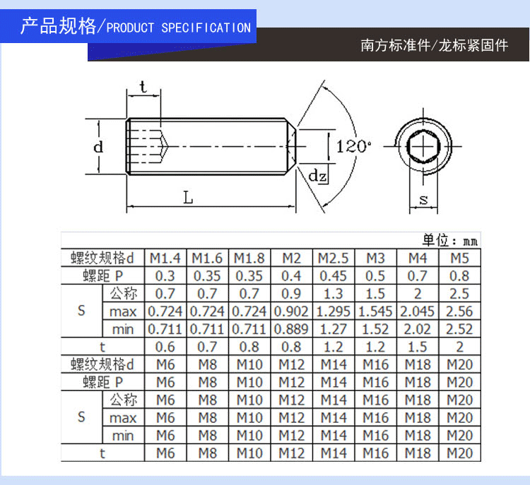 【南方标准件】不锈钢内六角凹端紧定机米螺丝m8*6-m8*40
